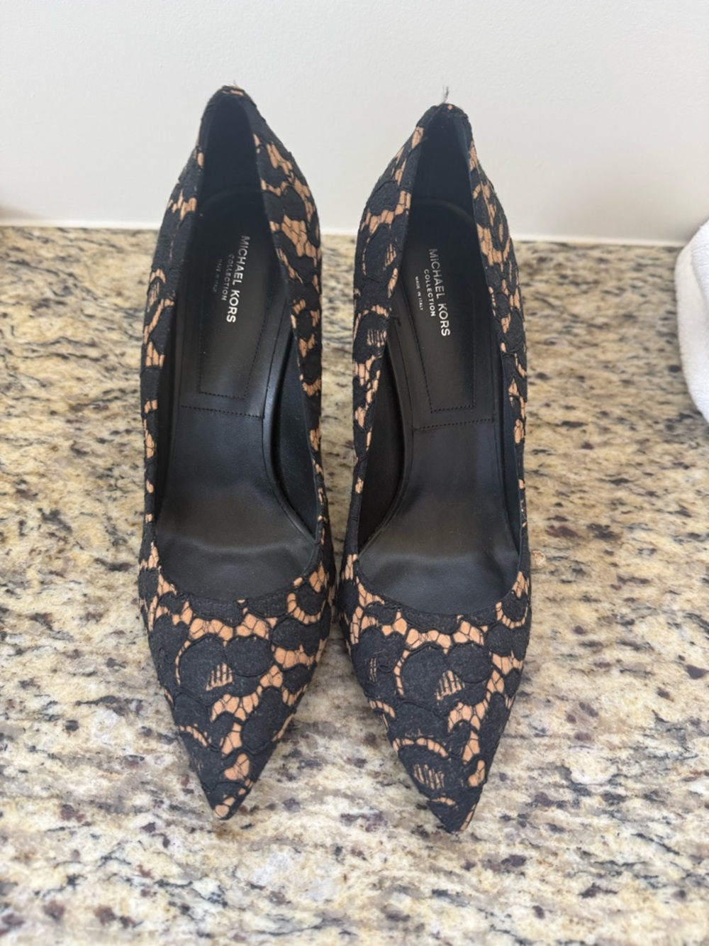 Michael Kors Collection Italian Black Lace Over Nude Pointed Toe Pumps